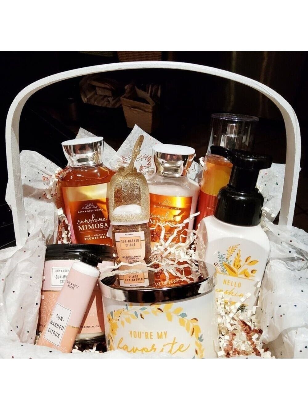 SUNSHINE MIMOSA SUN WASHED CITRUS BASKET BATH BODY WASH LOTION FRAGRANCE CANDLE